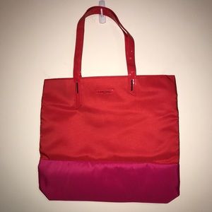 Lancôme Bag Large Flamingo Print Lining & Red & Pink Colorblock Exterior Tote
